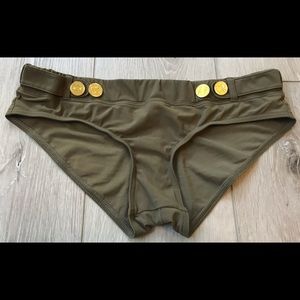 CHARLIE Low Rise Bikini Bottoms Olive Green Gold Buttons